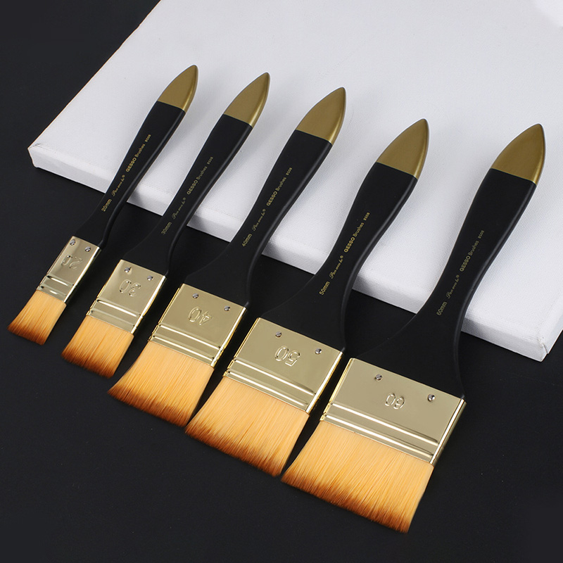 Gouache Paint Set - แปรงทาสีแบบแบน 5 ขนาด, แปรงทาสีน้ำมันขนไนลอนพร้อมด้ามไม้ธรรมชาติสำหรับการวาดภาพสีอะคริลิกสีน้ำสีกัวเช่